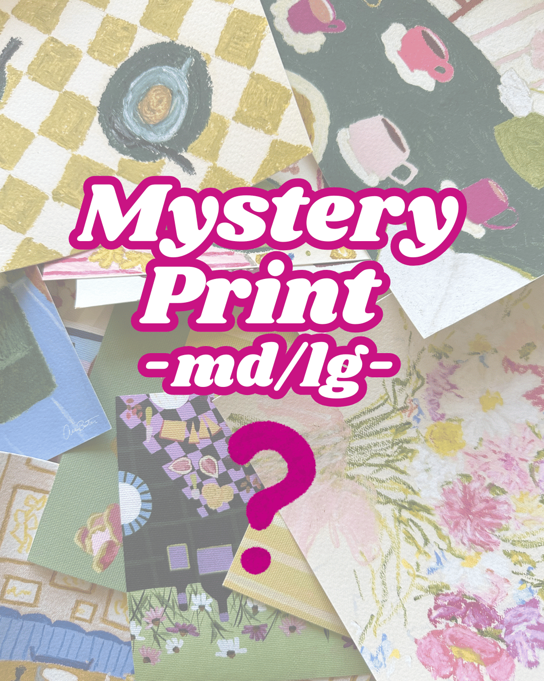 Collage of various patterned papers with 'Mystery Print -md/lg-' text overlay.