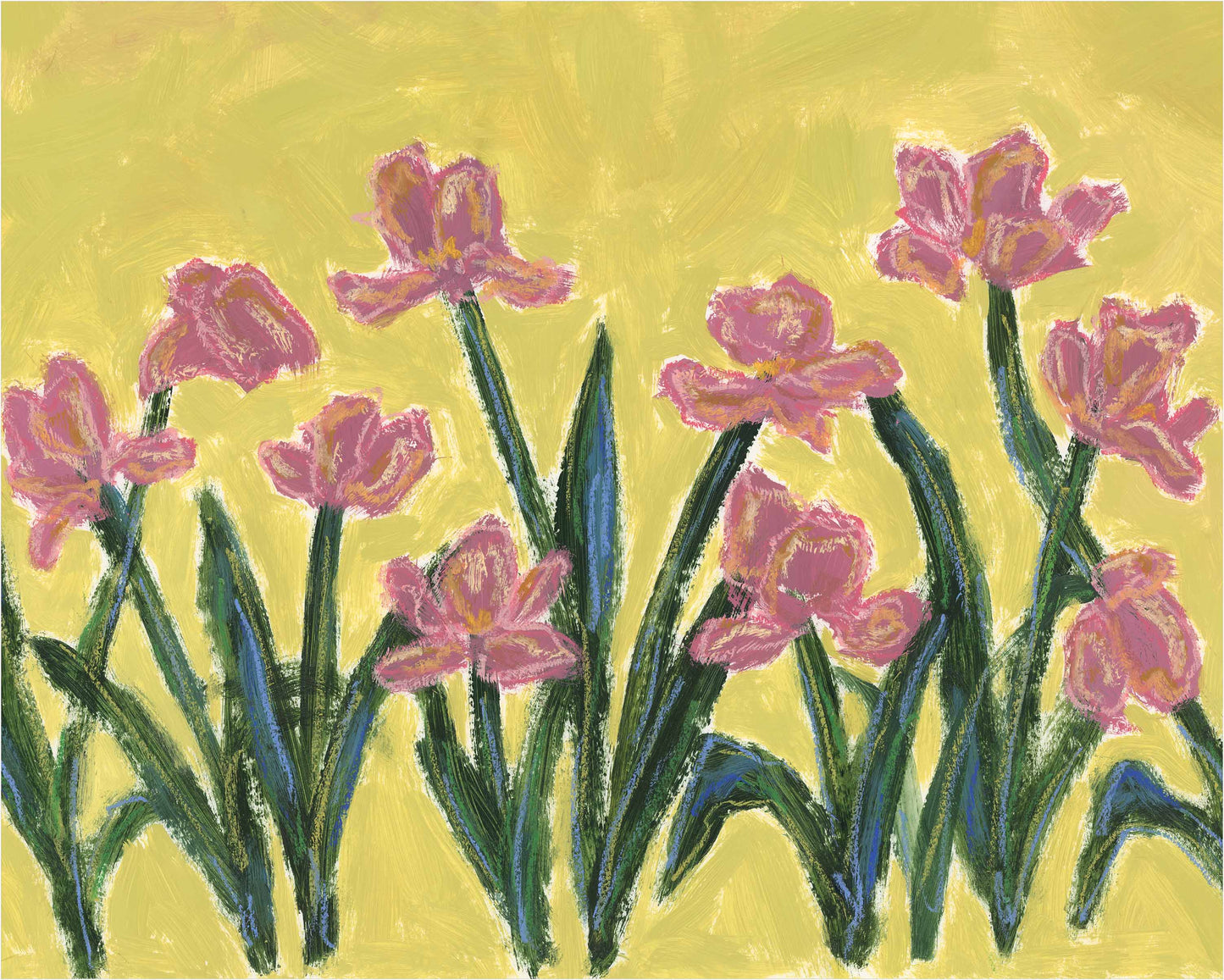 A colorful painting of pink tulips with green stems and leaves against a bright yellow background.