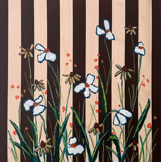 brown striped painting on wood background with white and orange flowers.