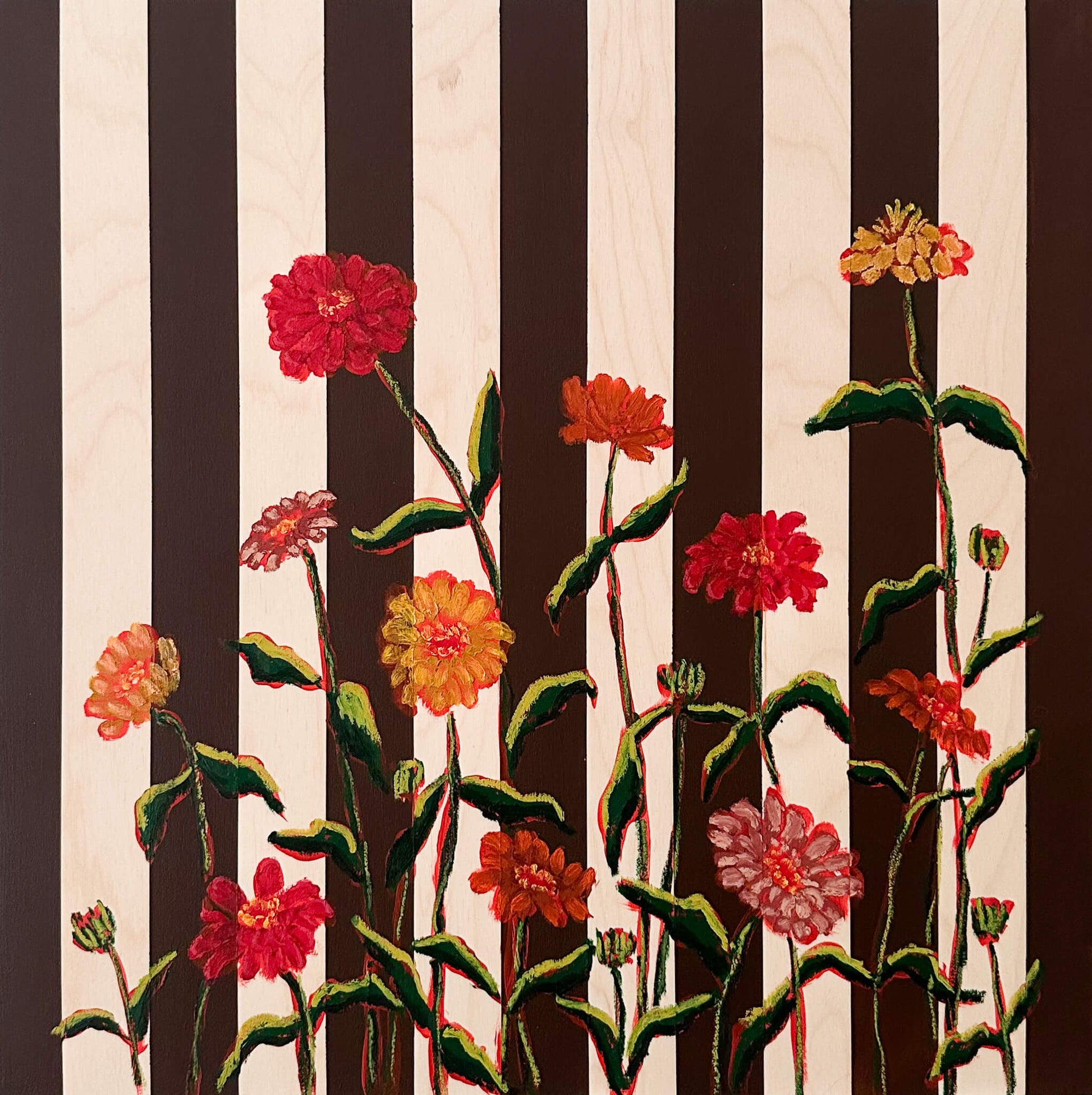 Floral pattern with red and orange flowers on a striped background
