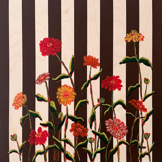 Floral pattern with red and orange flowers on a striped background