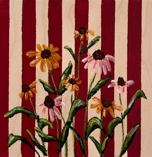Deep red and wood striped wood panel with oil pastel, pink and yellow cone flowers painted on.
