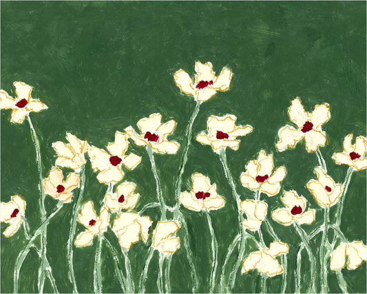 An art print of cream-colored flowers with deep red centers and white outlines, set against a dark green background.