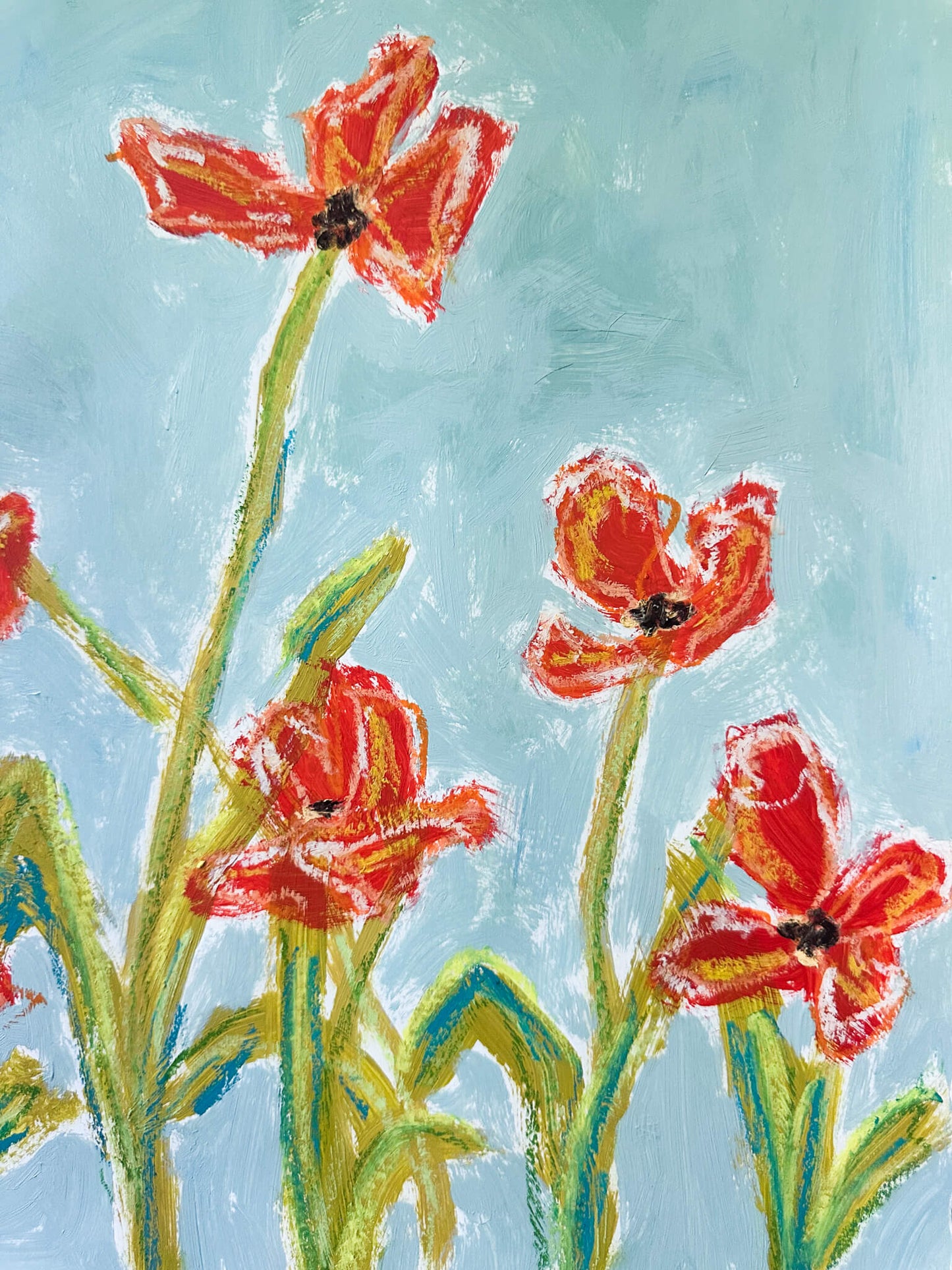 Painting of red flowers with green stems on a light blue background