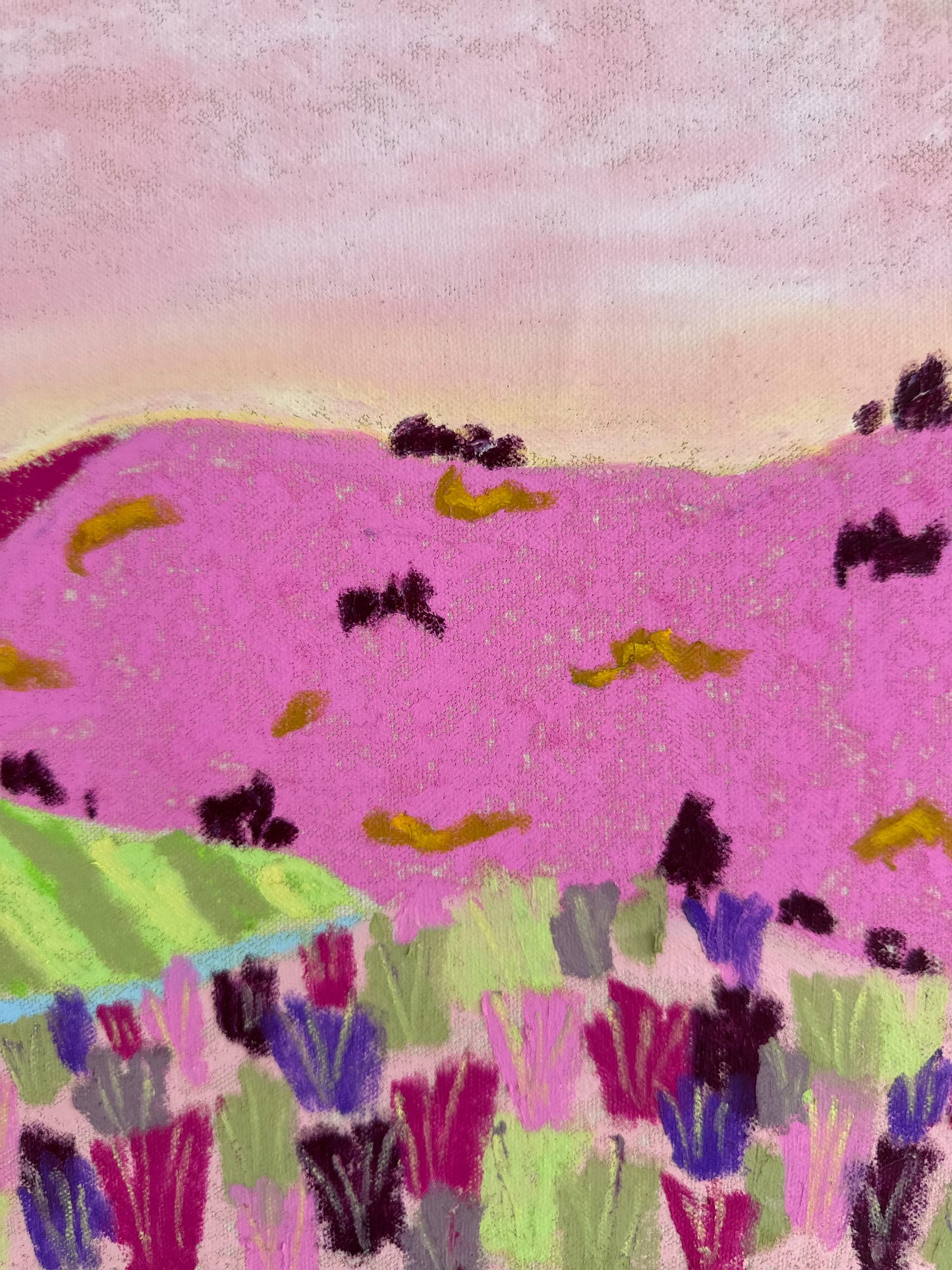 Artwork with pink landscape and colorful flowers