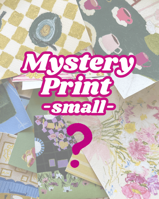 Collage of various printed paper samples with 'Mystery Print -small-' text overlay.