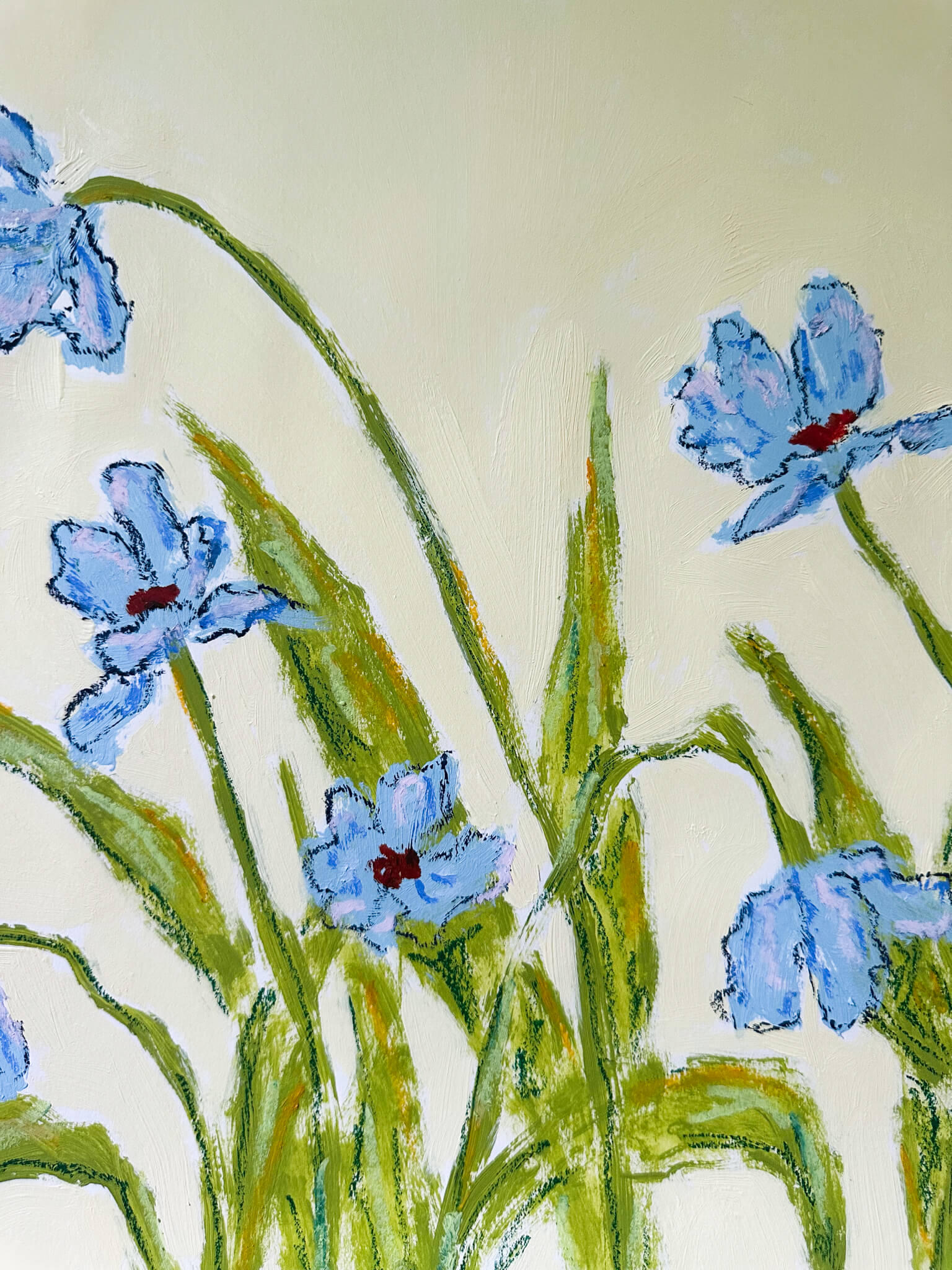 Artistic depiction of blue flowers with green stems on a yellow background