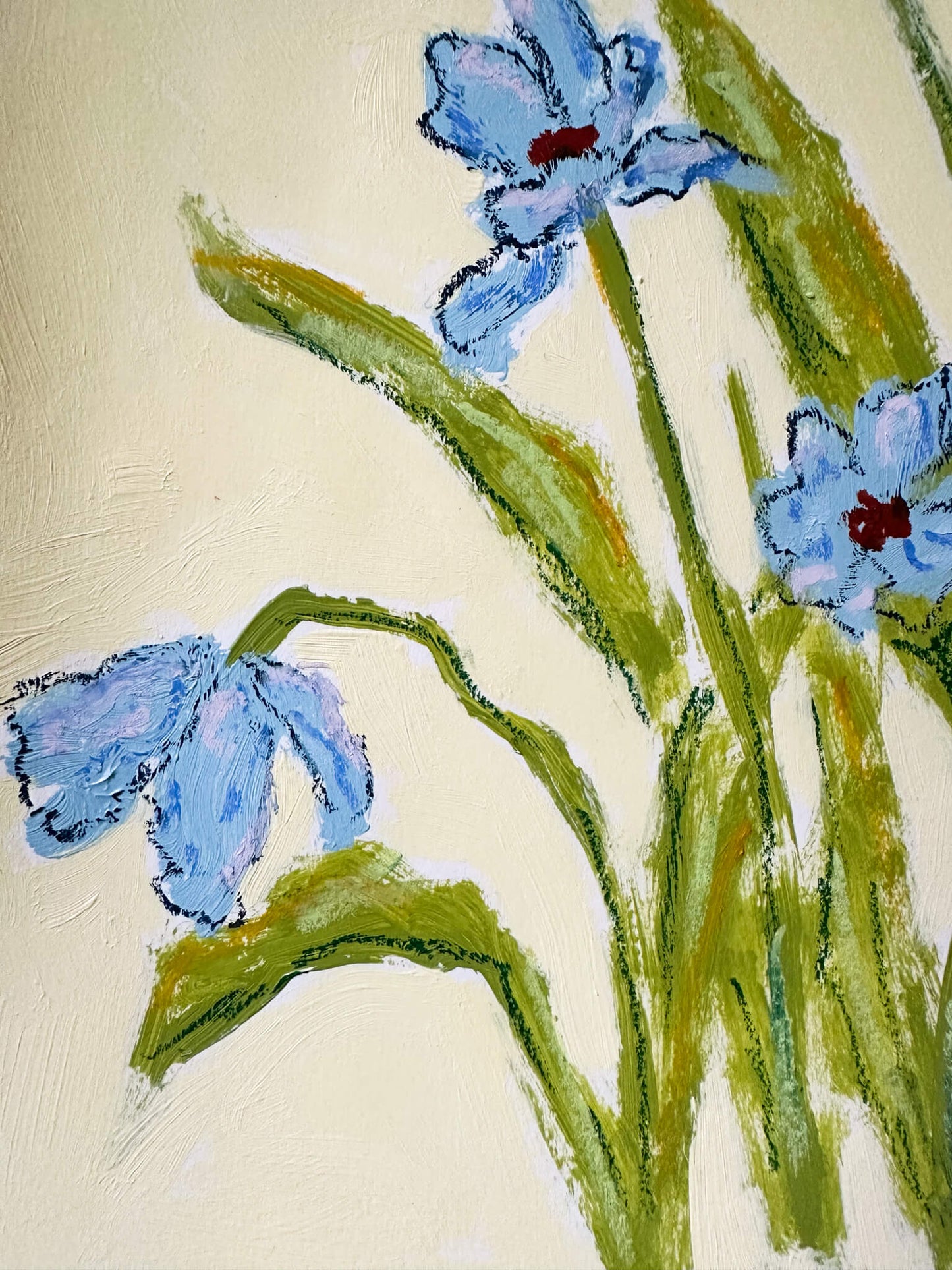Artistic depiction of blue flowers with green stems on a yellow  background