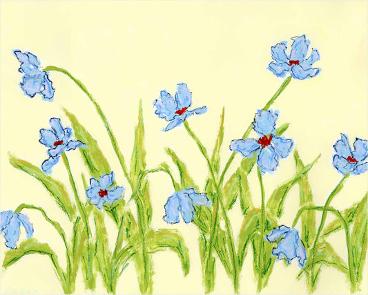 A floral  art print showing several light blue flowers with green stems and leaves on a pale yellow background.