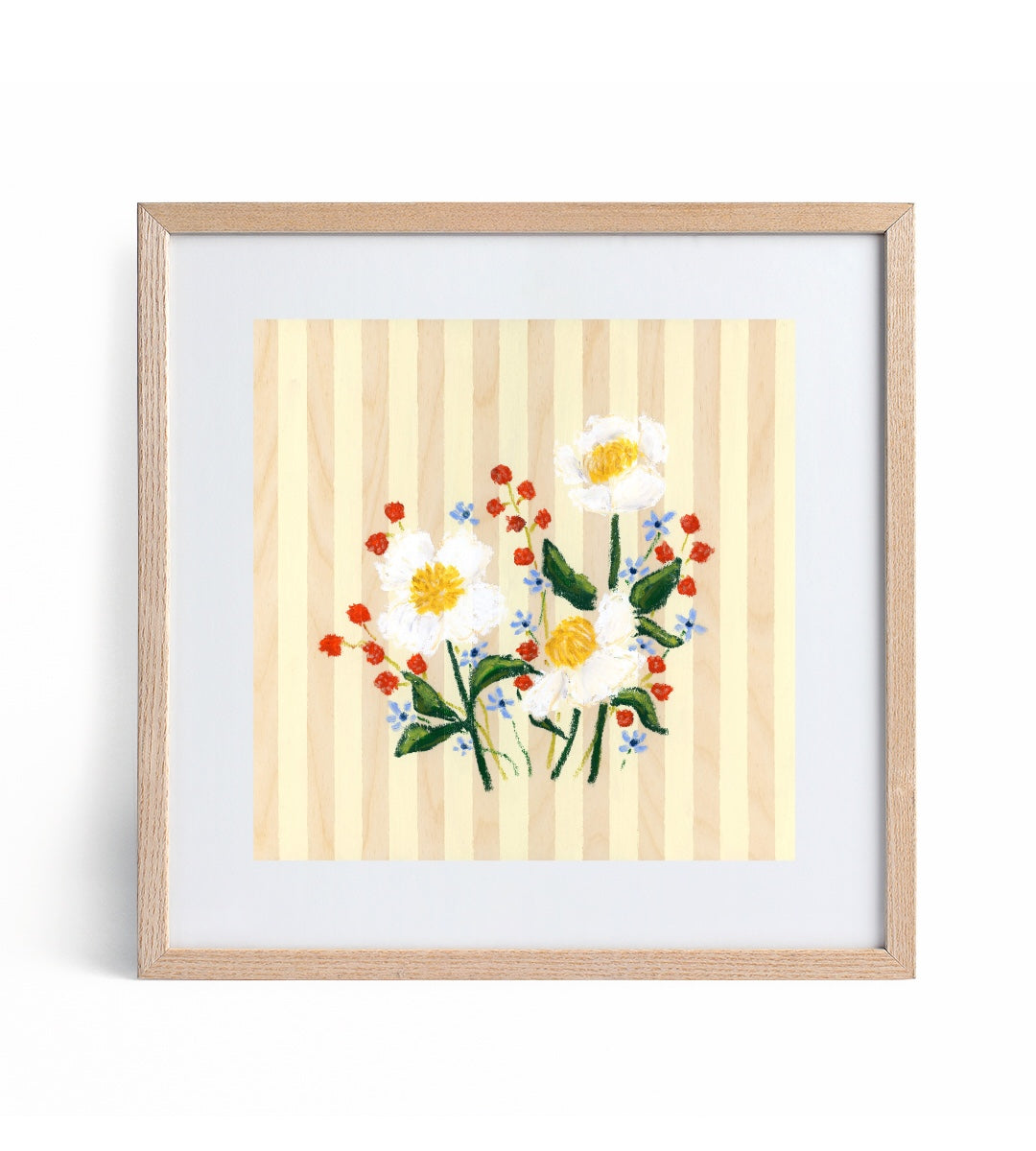 Framed artwork of flowers on a striped background