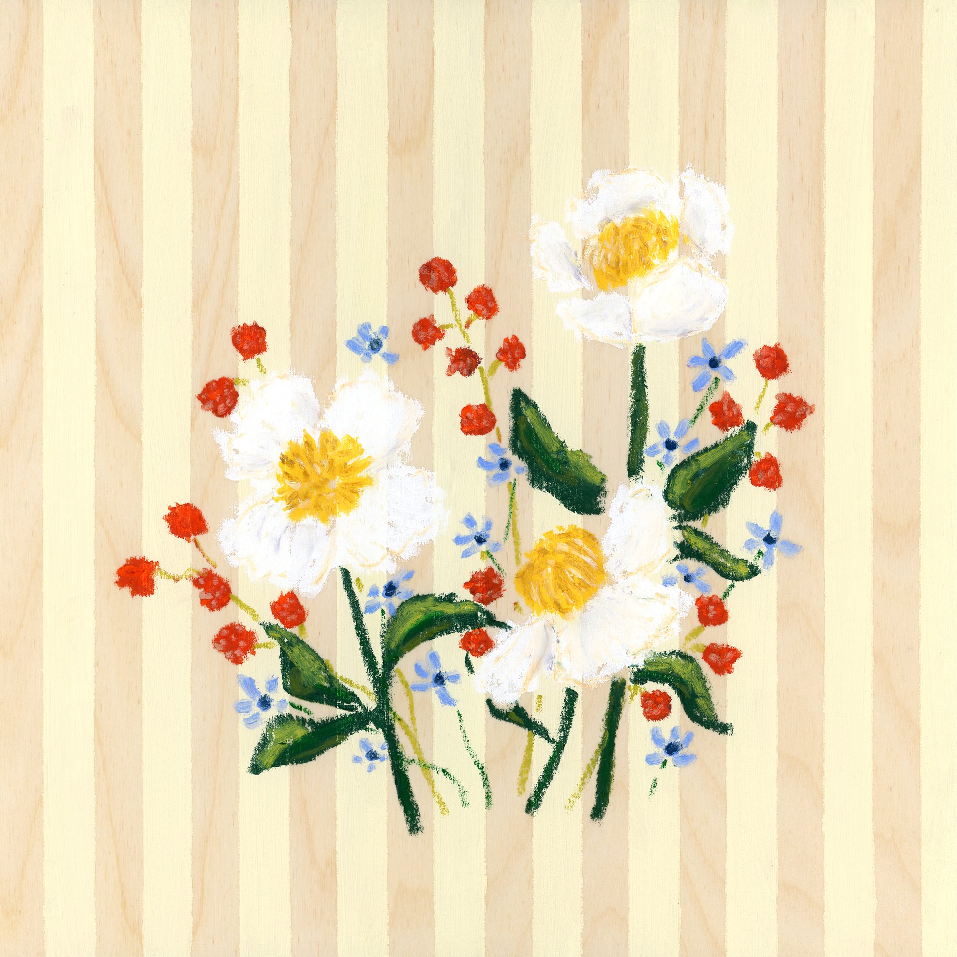 white floral design on a yellow and wood striped background