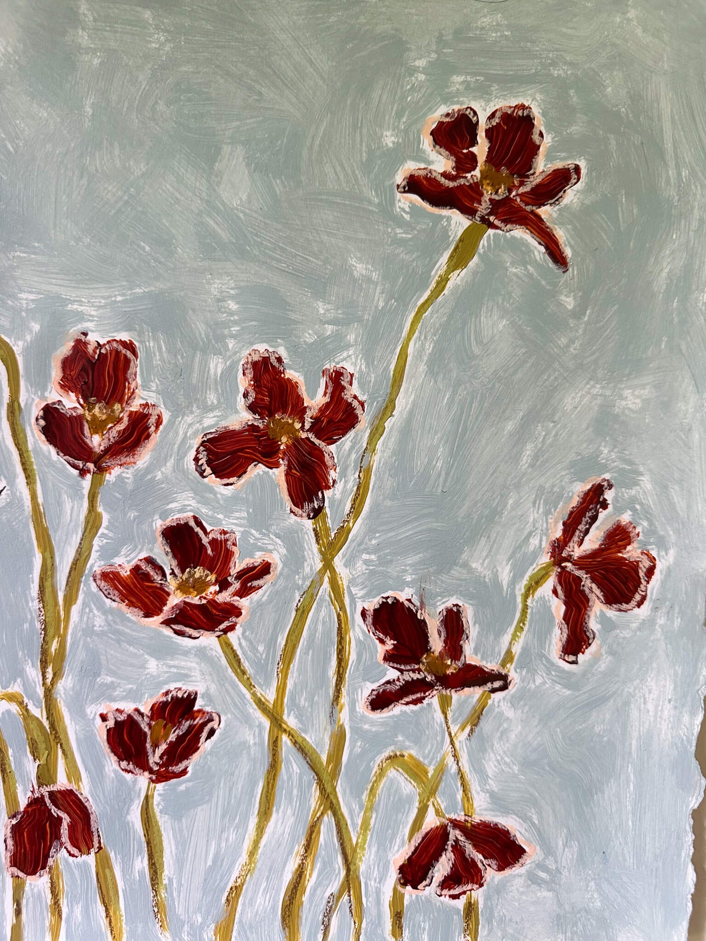 Artistic depiction of red flowers on a textured gray background