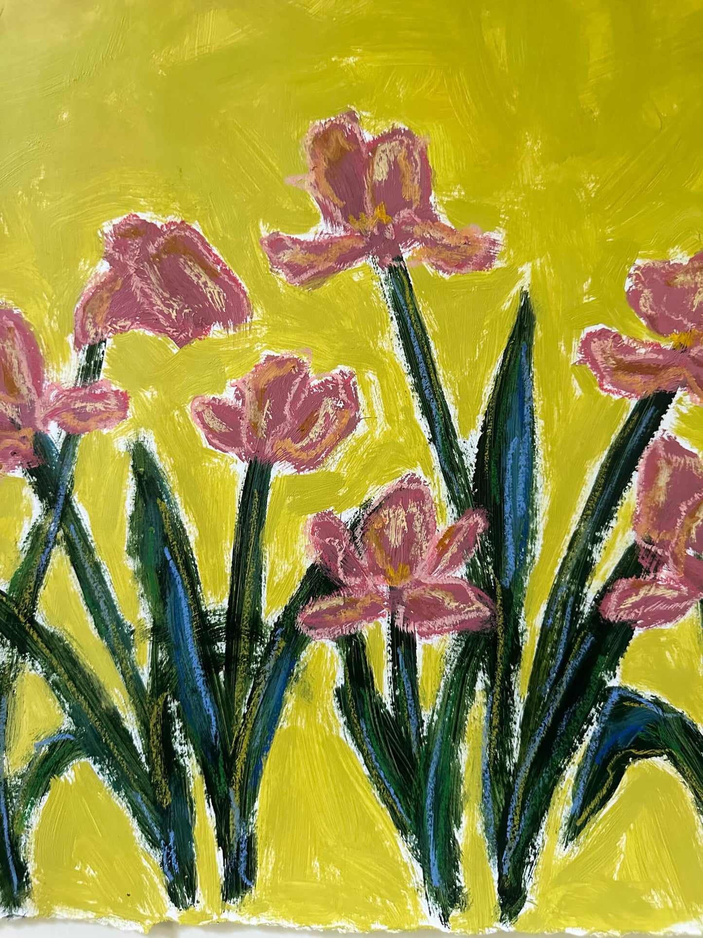 Painting of pink flowers with green stems on a yellow background