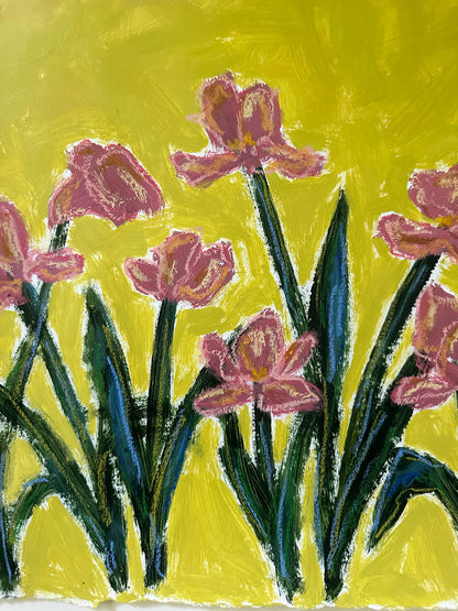 Painting of pink flowers with green stems on a yellow background