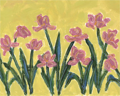 A colorful painting of pink tulips with green stems and leaves against a bright yellow background.