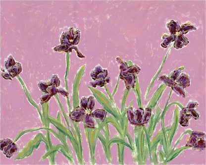 An art print of dark purple iris flowers with green stems and leaves against a textured pink background.