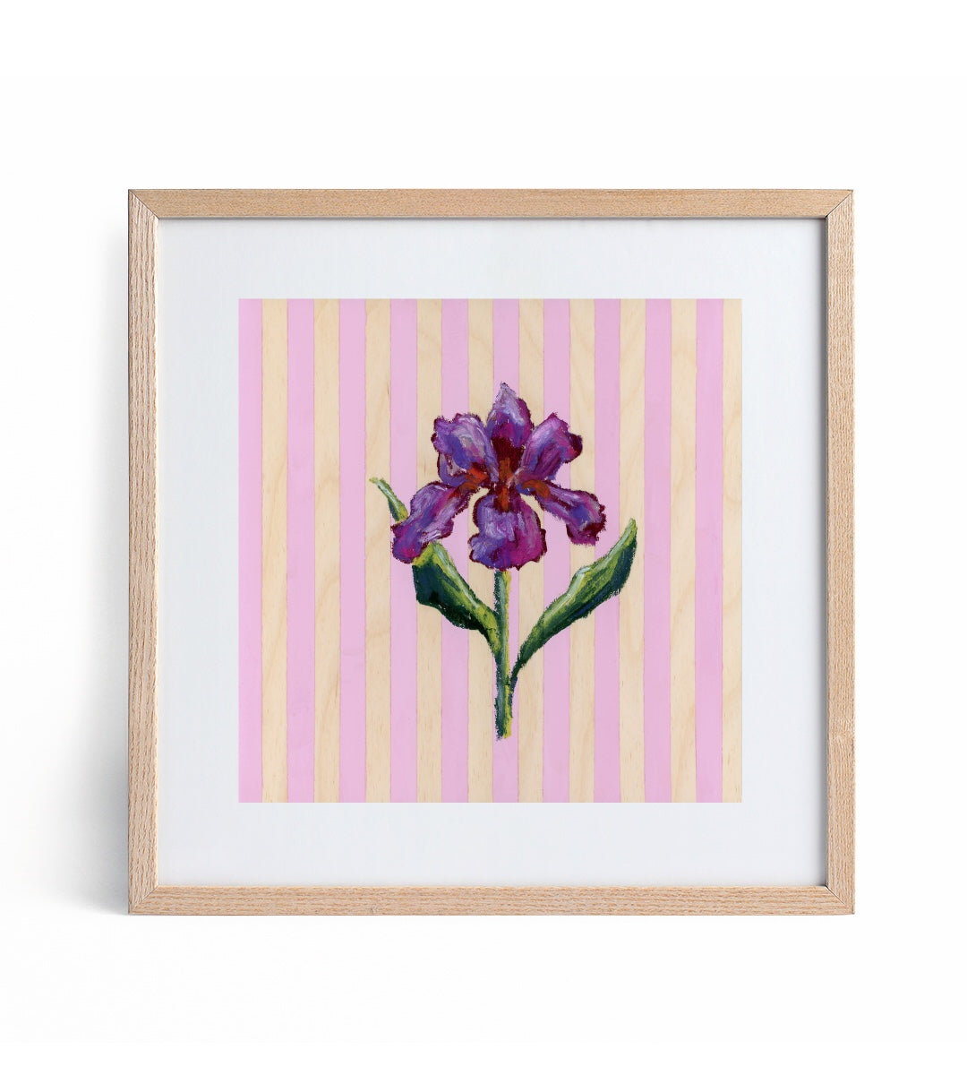 a purple and wood striped print with a purple iris
