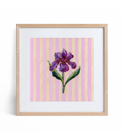 a purple and wood striped print with a purple iris
