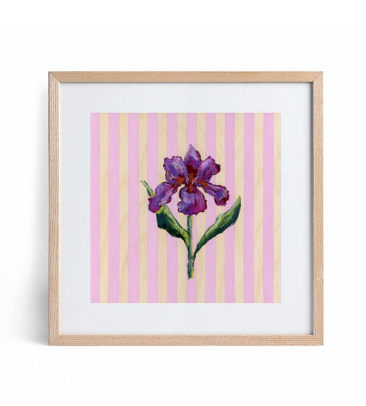 a purple and wood striped print with a purple iris
