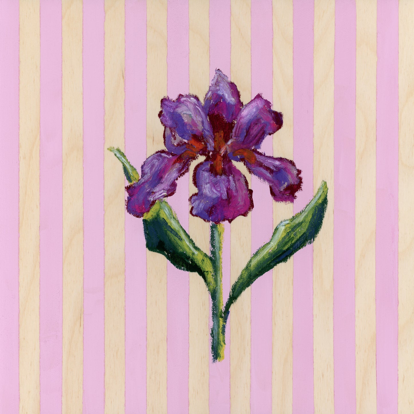 Purple flower with green stem on a striped pink and beige background
