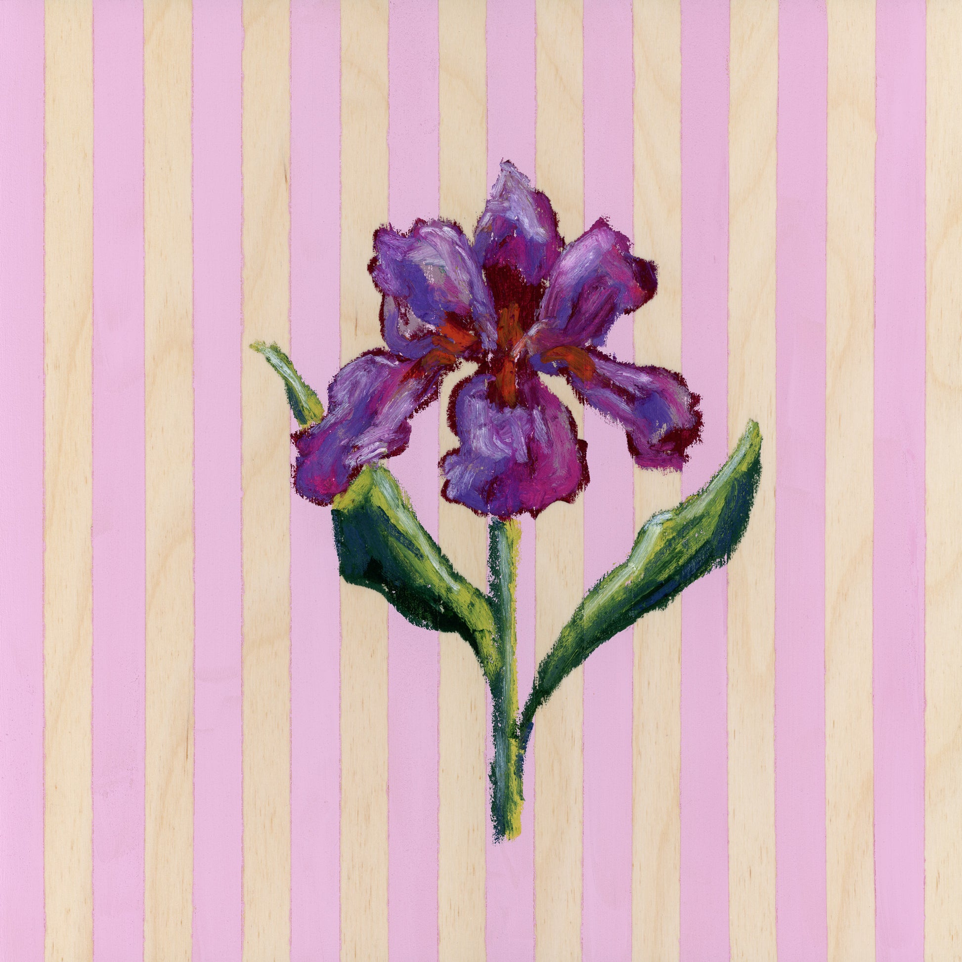 Purple flower with green stem on a striped pink and beige background
