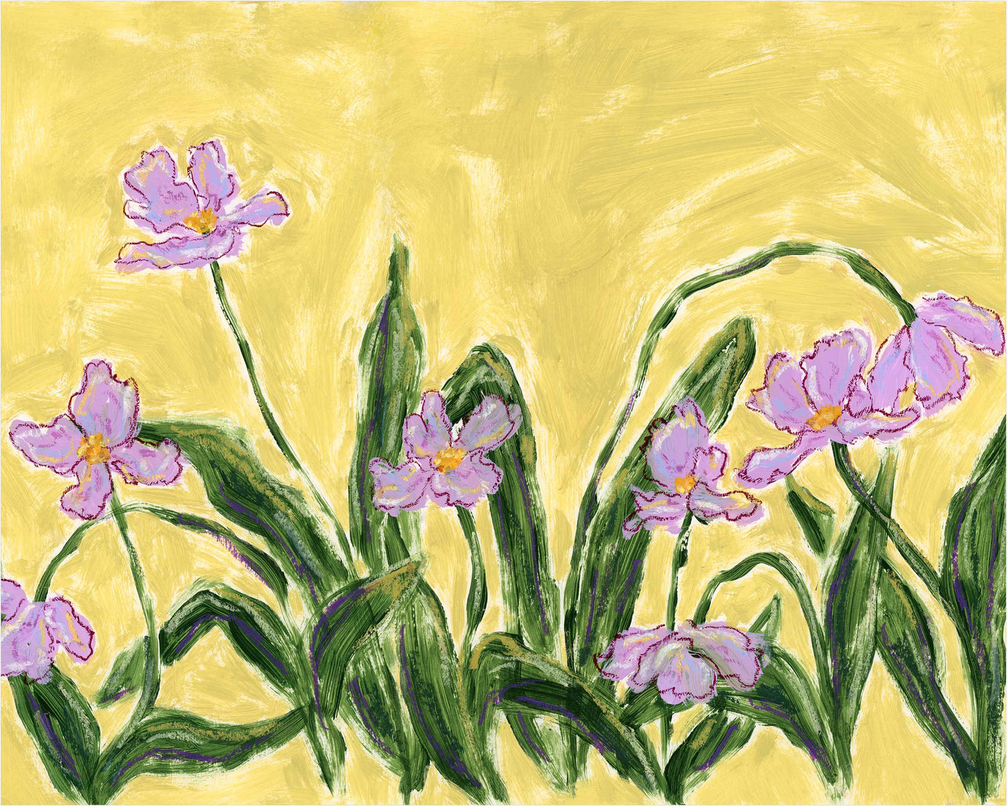 An art print with several light purple flowers and long green leaves against a textured yellow background.