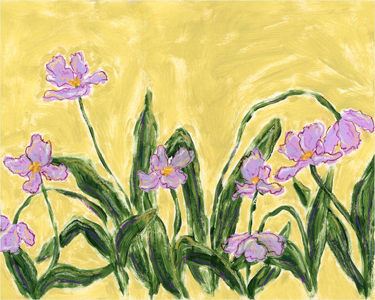 An art print with several light purple flowers and long green leaves against a textured yellow background.