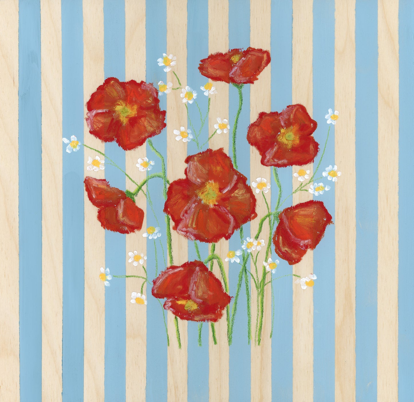 Red poppy flowers with green stems and yellow centers on a striped background