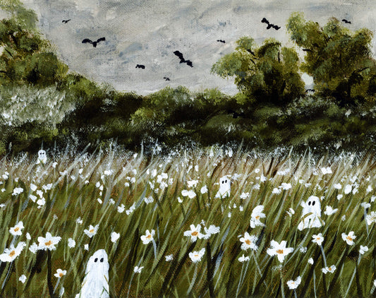 Artistic depiction of ghosts in a field with white flowers and trees in the background.