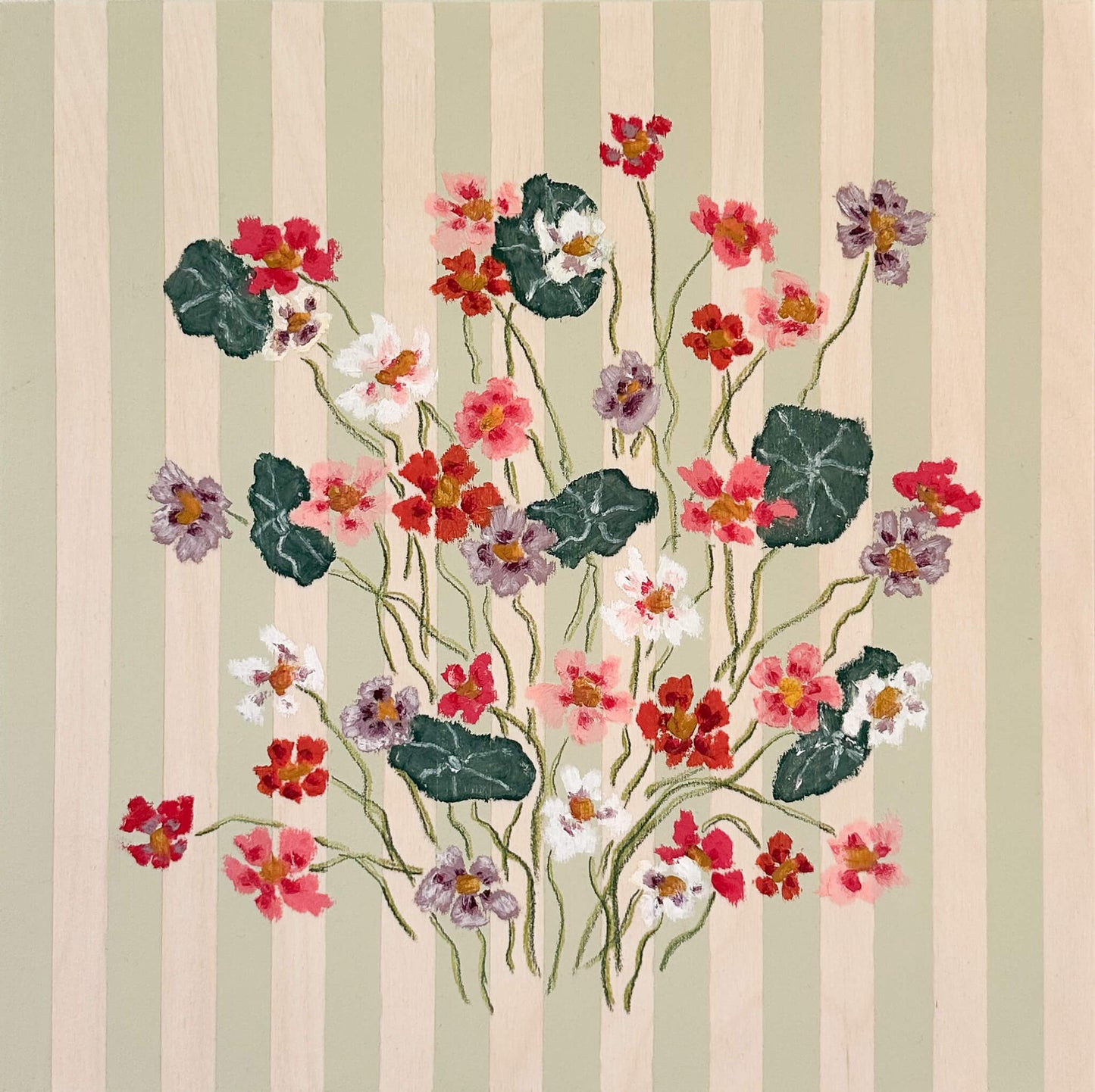Floral design with red, pink, and white flowers on a striped background
