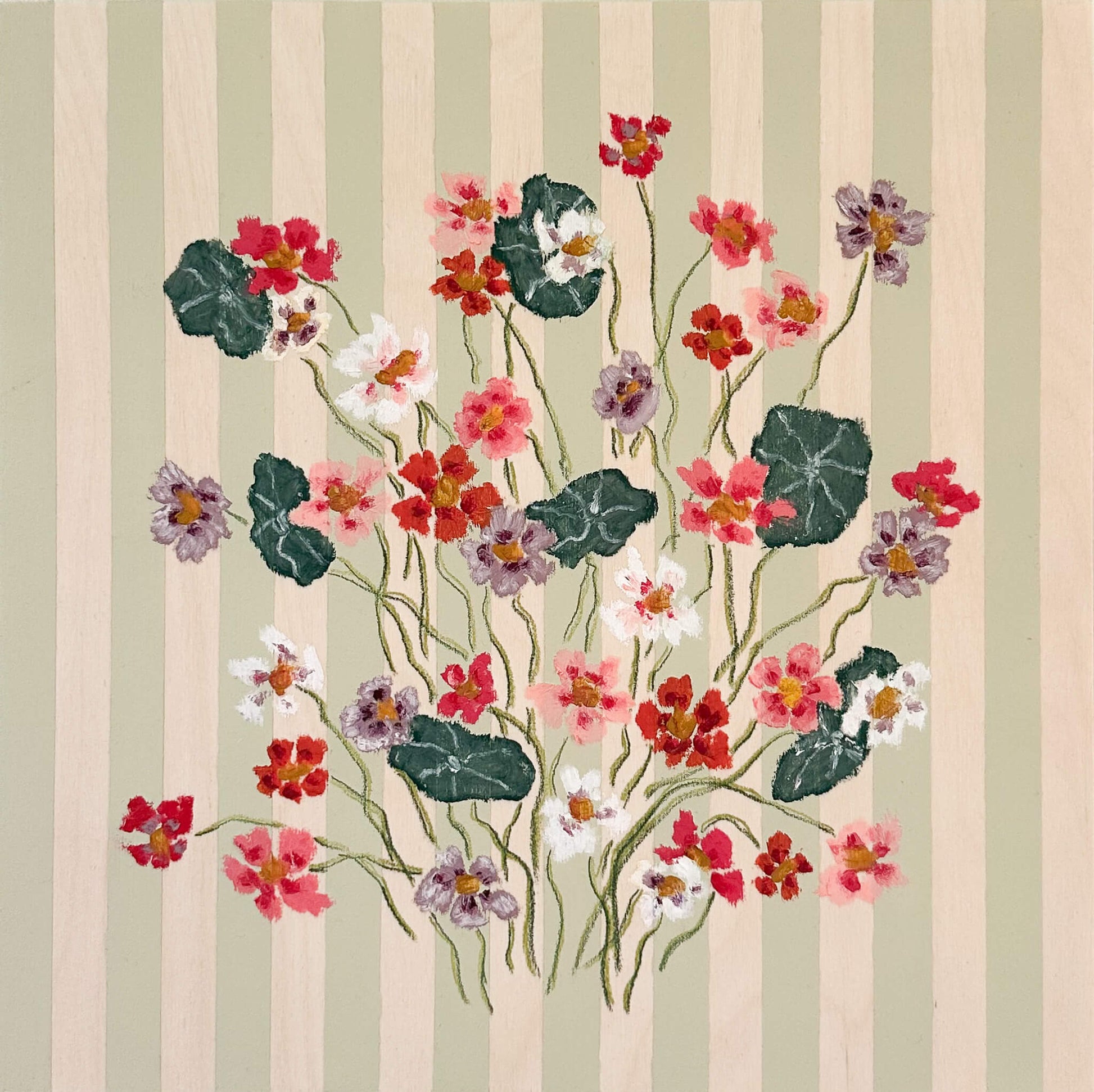 Floral design with red, pink, and white flowers on a striped background