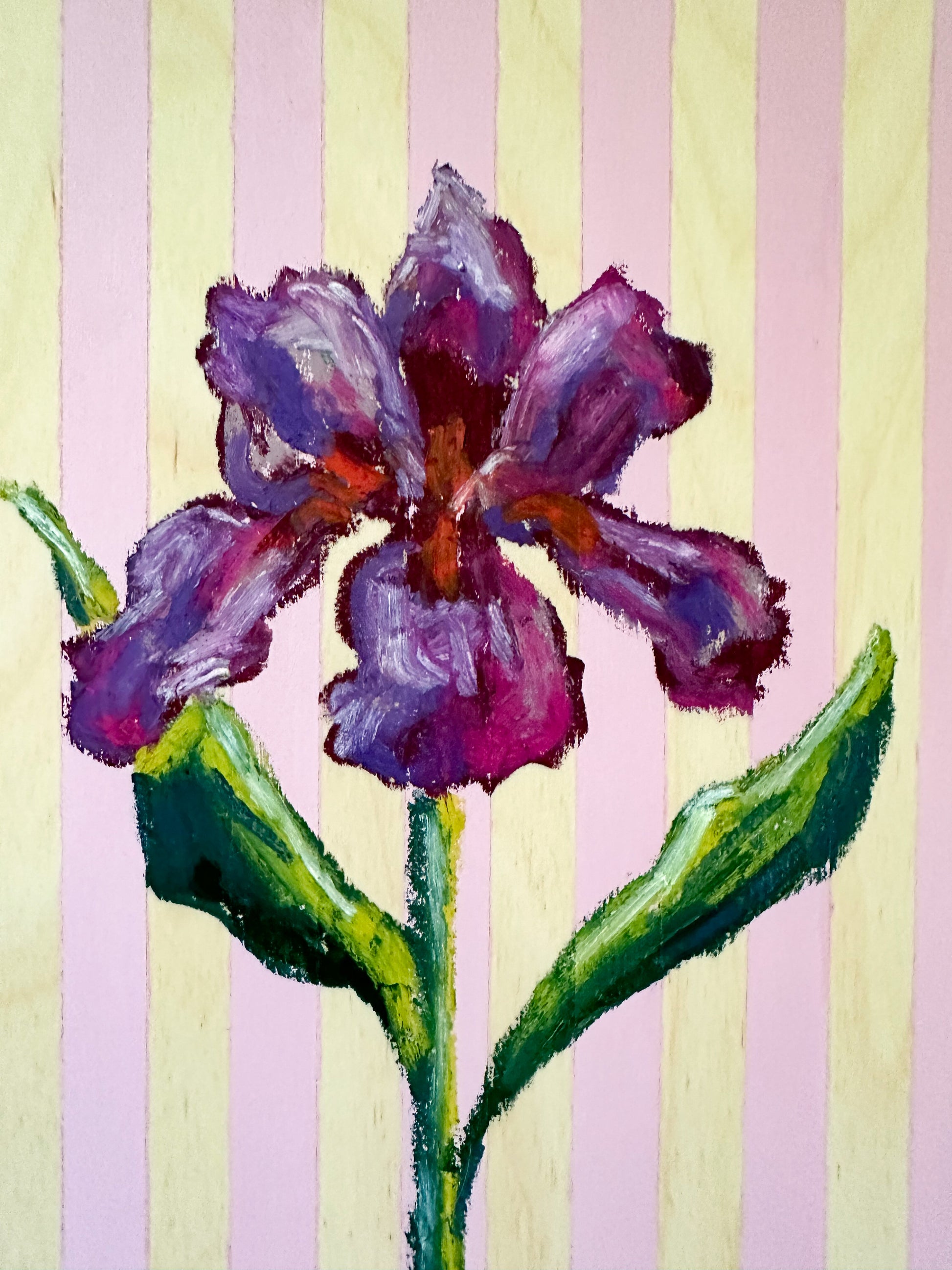 Painting of a purple flower with green leaves on a striped background