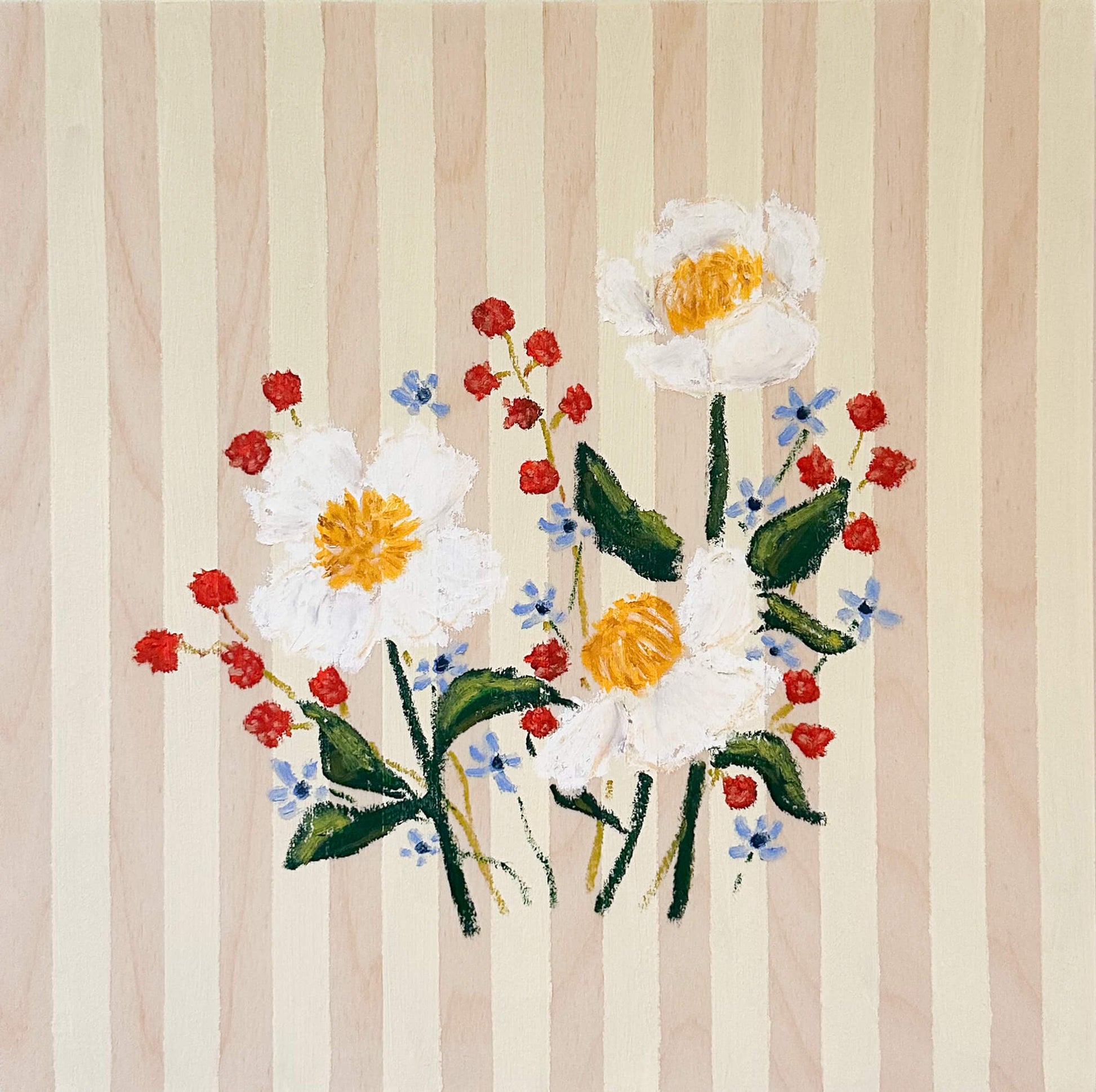 Embroidered design of flowers on a striped fabric background