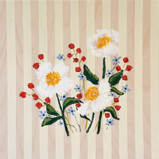 Embroidered design of flowers on a striped fabric background