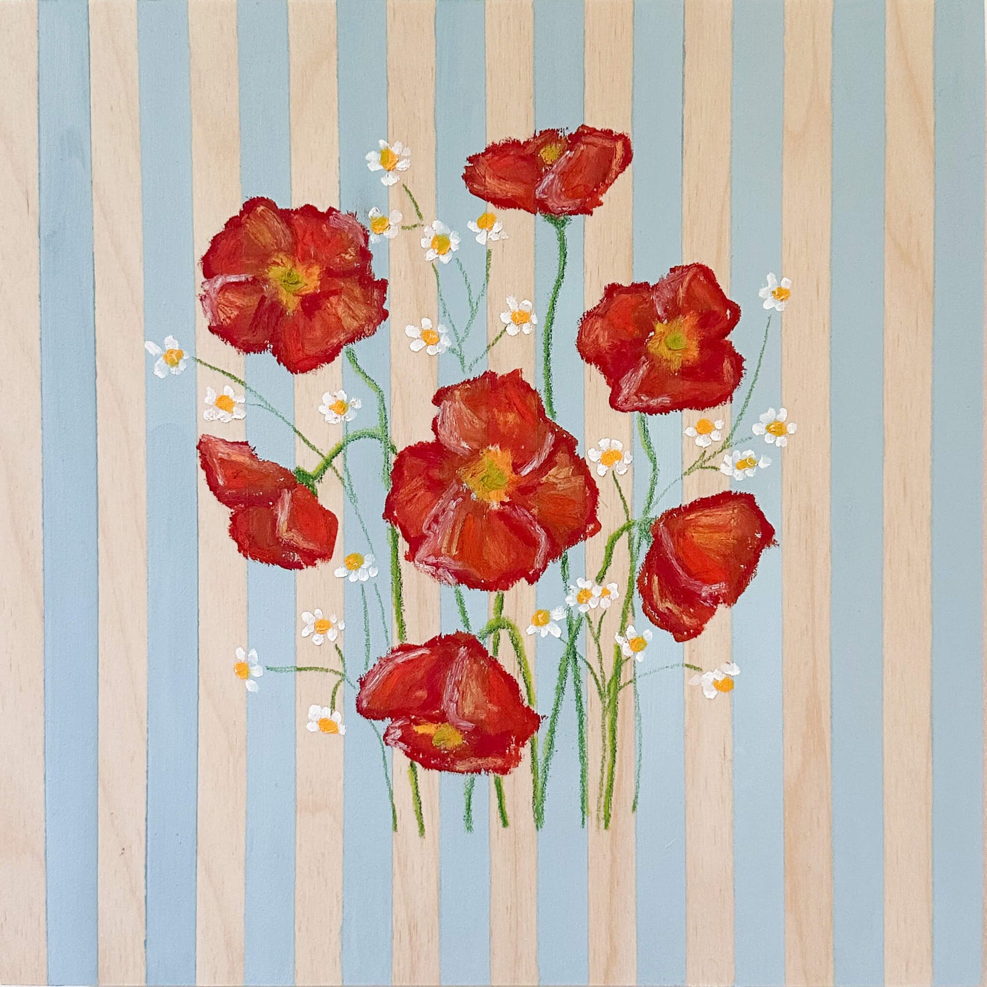 Red flowers with green stems and yellow centers on a striped background