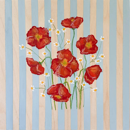 Red flowers with green stems and yellow centers on a striped background