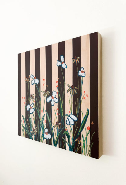 brown striped painting on wood background with white and orange flowers.