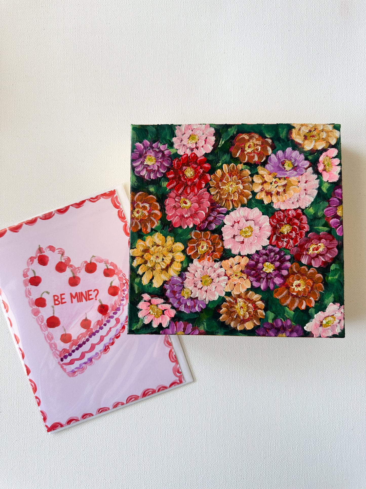 Hand painted chocolate box and printed Valentine's Day card by Allie Burton Art