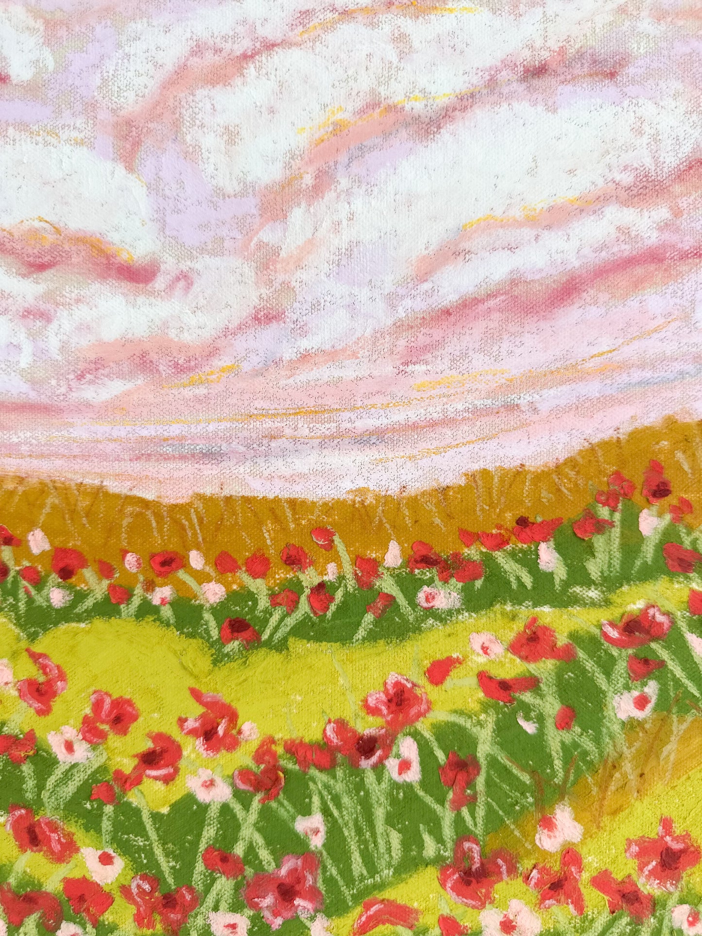 Oil pastel painting of a field with red flowers and a pink sky.