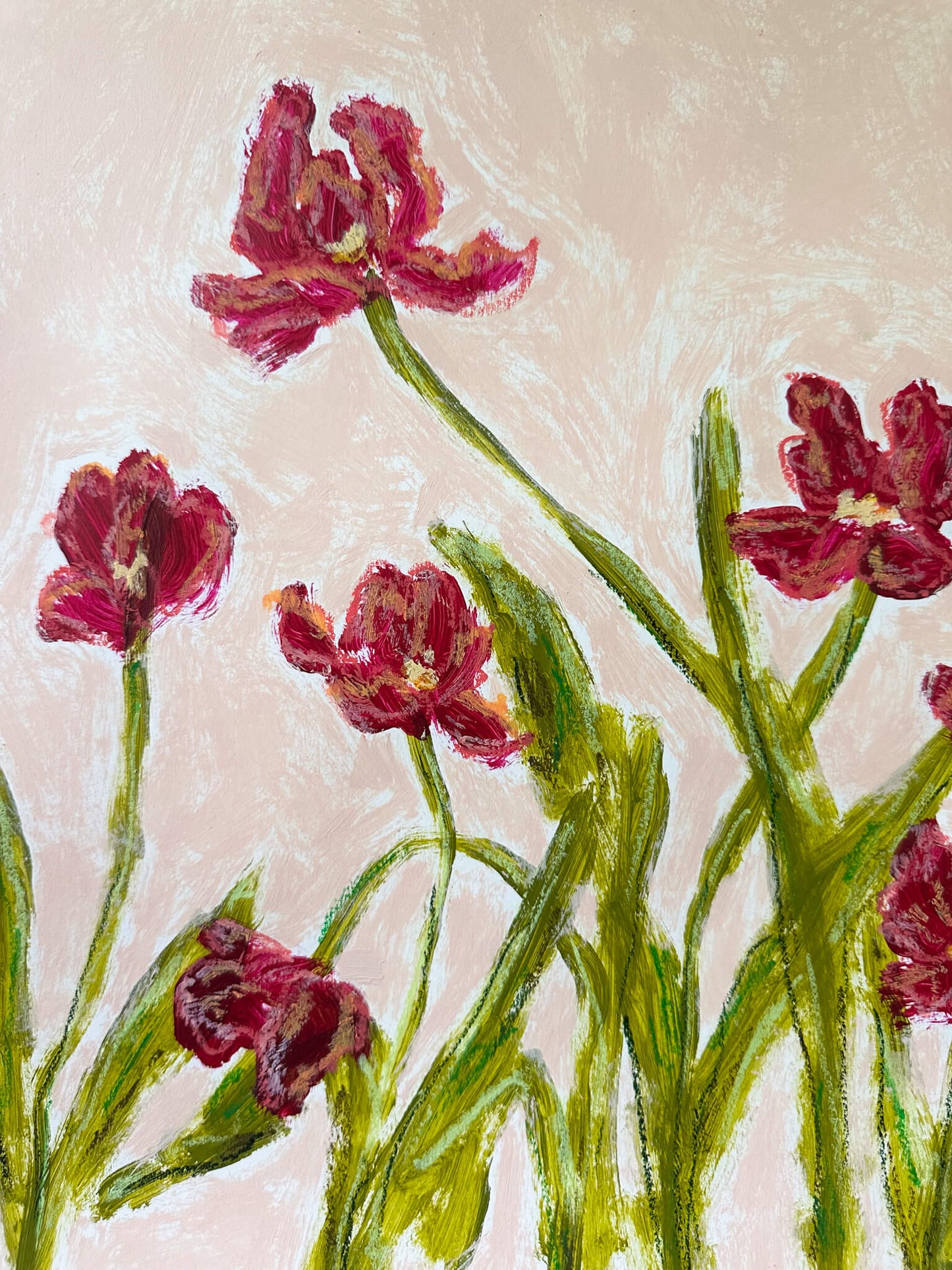 Artistic depiction of red flowers with green stems on a textured beige background