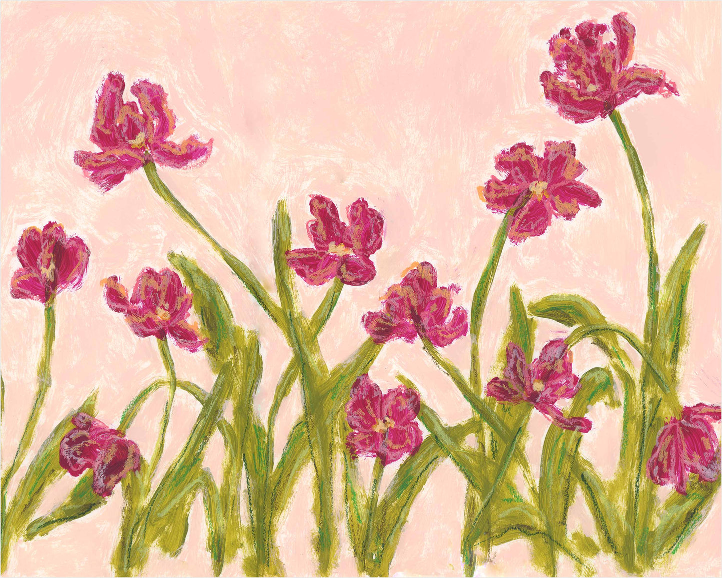 Pink flowers with green stems depicted on a light pink background