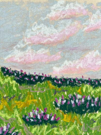 Artistic depiction of a landscape with green fields and purple flowers under a cloudy sky.
