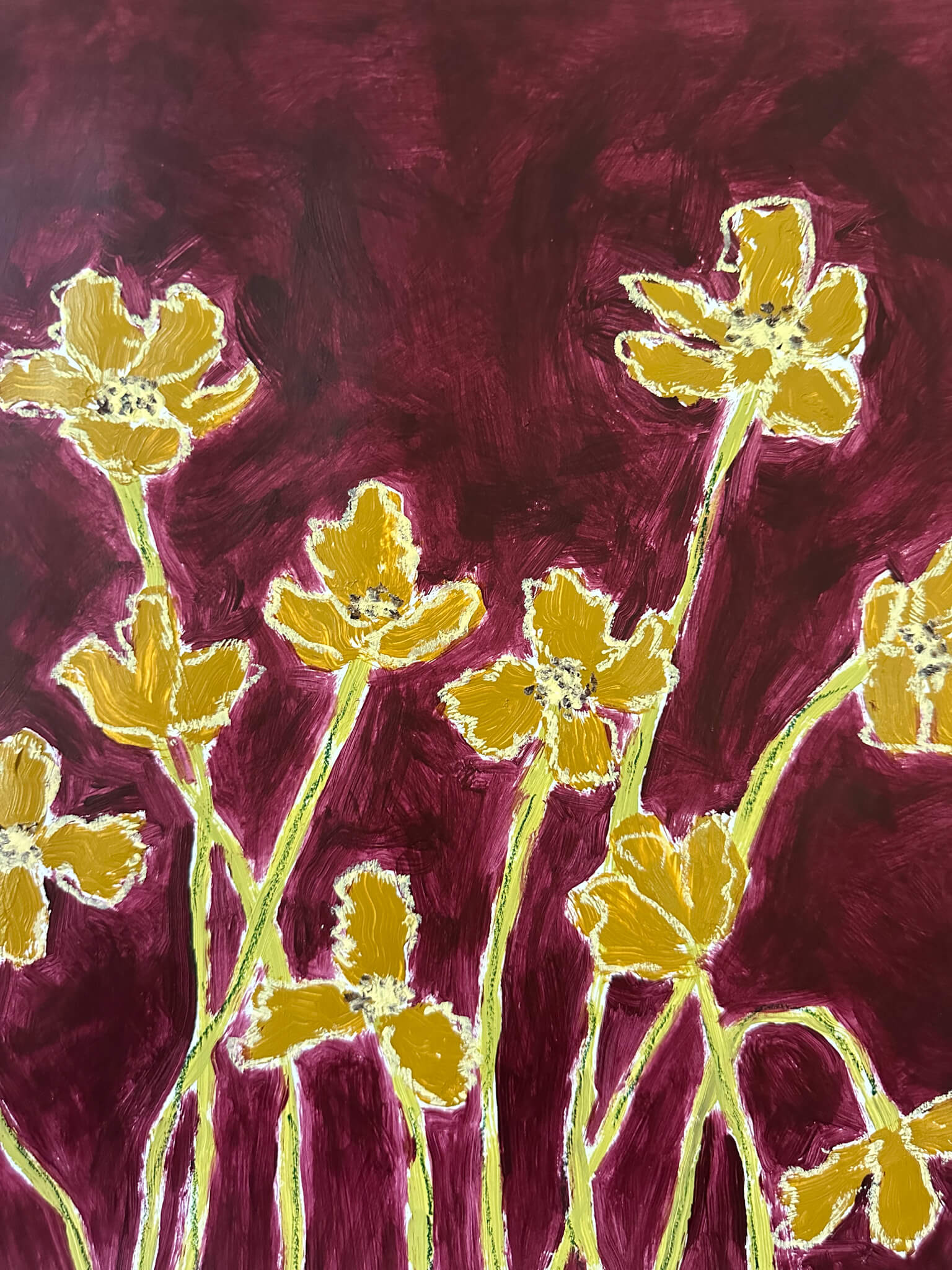 Yellow flowers on a maroon background