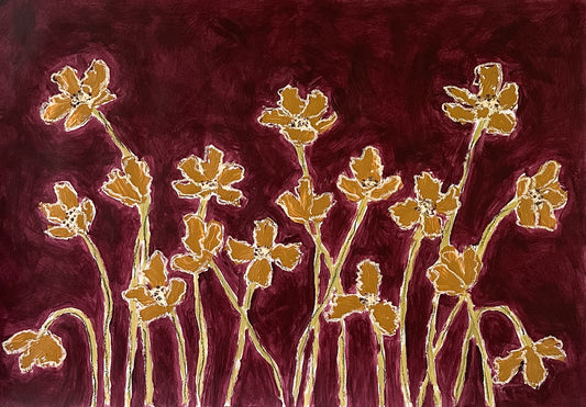 Artistic depiction of gold flowers on a maroon background