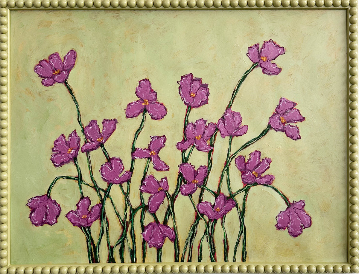 A painting of deep pink flowers with green stems  on a chartreuse background framed in a chartreuse green bobbin frame.