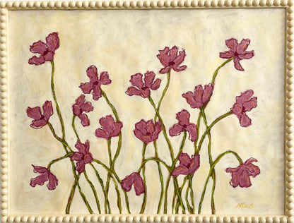 A painting of deep mauve flowers painting on a butter yellow background and framed in a butter yellow bobbin frame. 