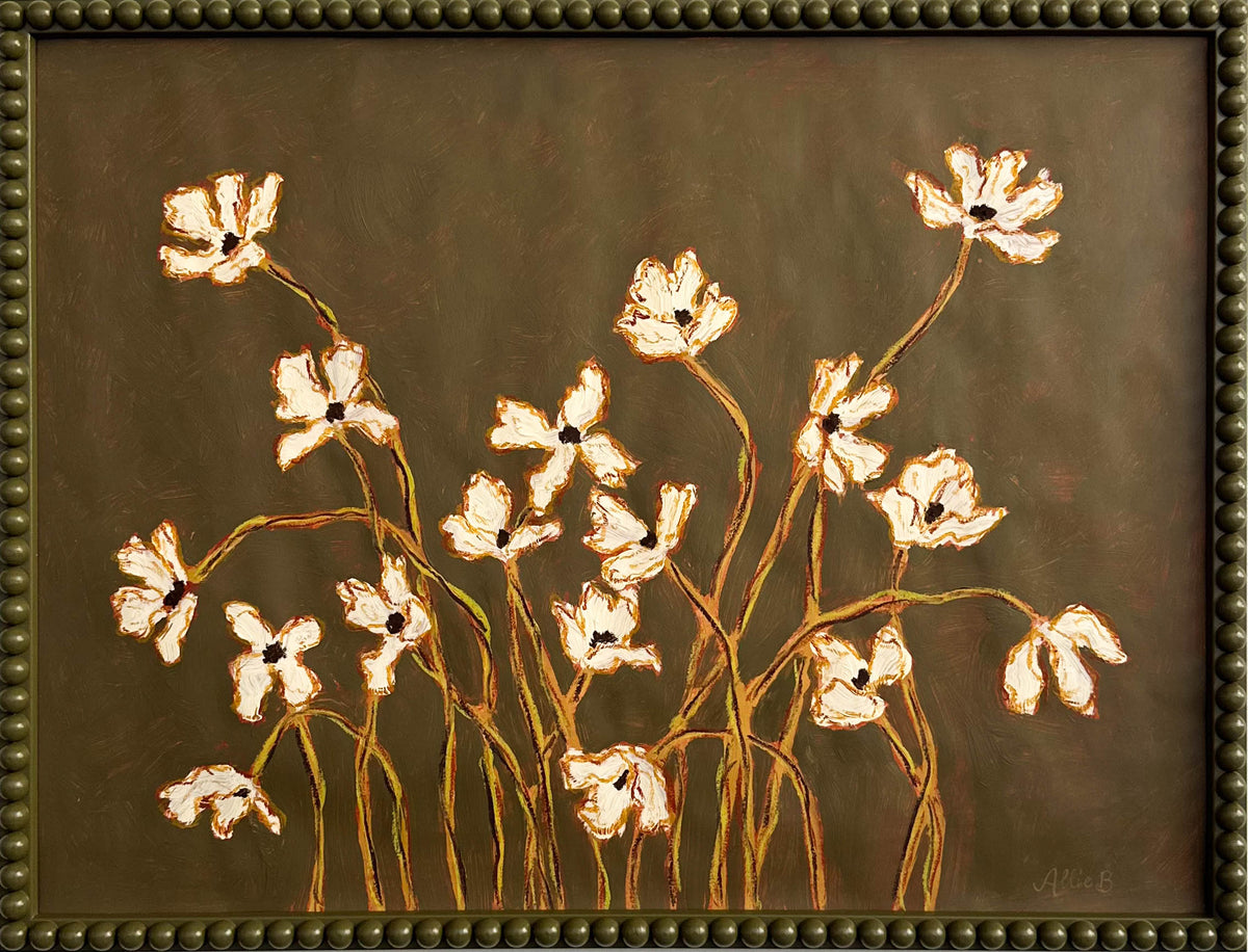 A painting of off white flowers with green stems  on a  thyme green background framed in a thyme green bobbin frame.