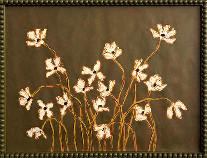 A painting of off white flowers with green stems  on a  thyme green background framed in a thyme green bobbin frame.
