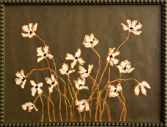A painting of off white flowers with green stems  on a  thyme green background framed in a thyme green bobbin frame.