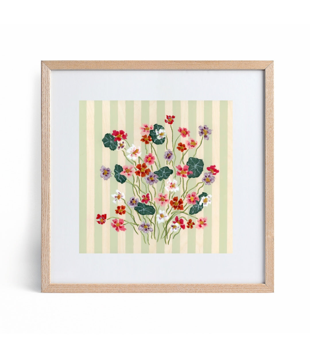 red, pink, purple and white flowers on a green striped background